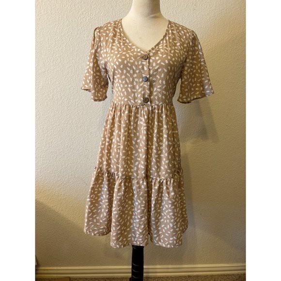 EUC Women's Shein Peasant‎ Dress Khaki Tan White Size Medium - Picture 1 of 13